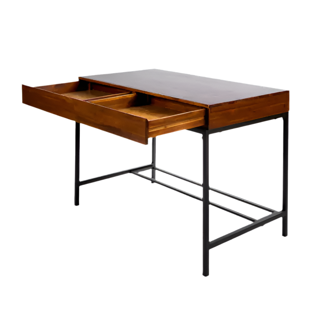 Oblivis modern sleek desk with oak acacia wood top, metal legs, and spacious storage drawer.