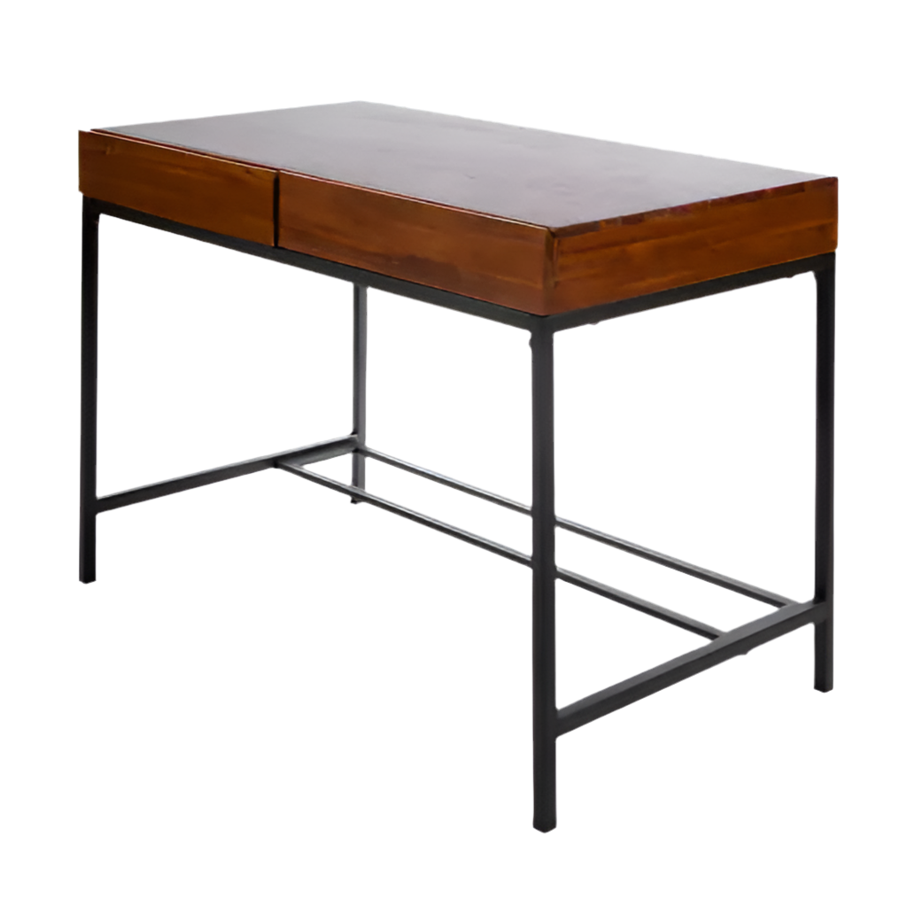Oblivis Modern Sleek Desk with oak wood top, sturdy metal legs, and spacious storage drawer in industrial design.