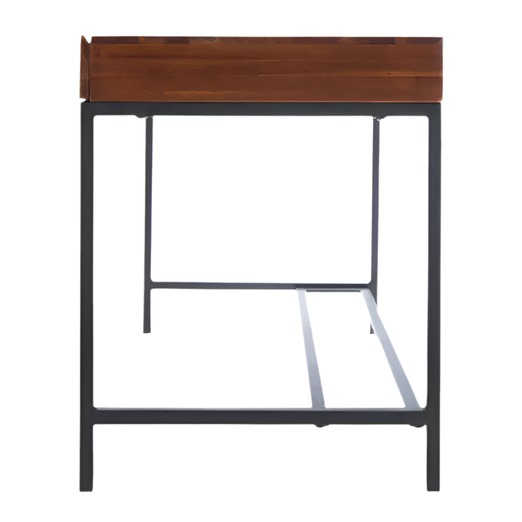 Oblivis Modern Sleek Desk with oak wood top and sturdy metal legs, featuring a spacious storage drawer and industrial design.