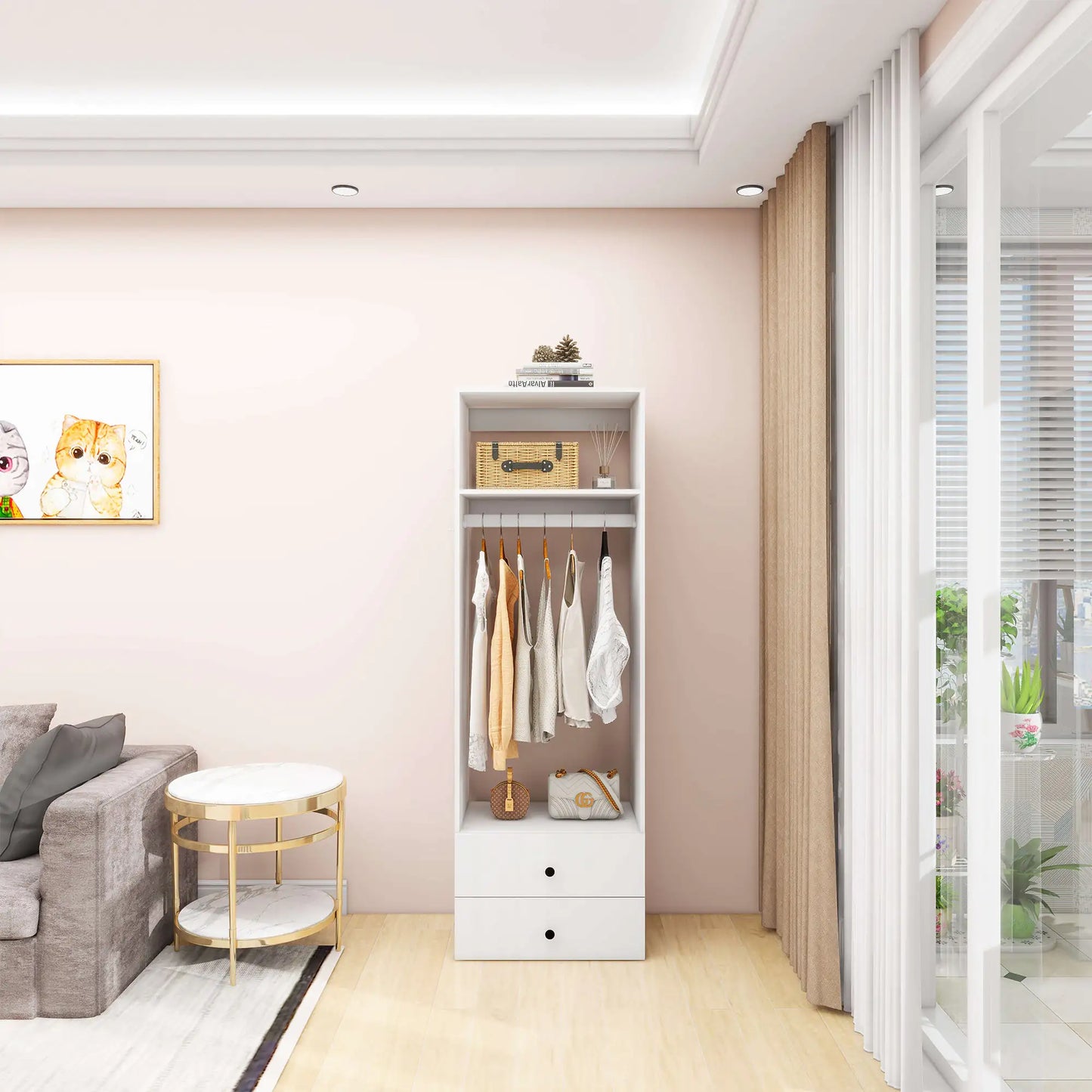 Oblivis modern compact closet in natural wood finish with drawers, shelves, and hanging space, placed in a stylish living room.