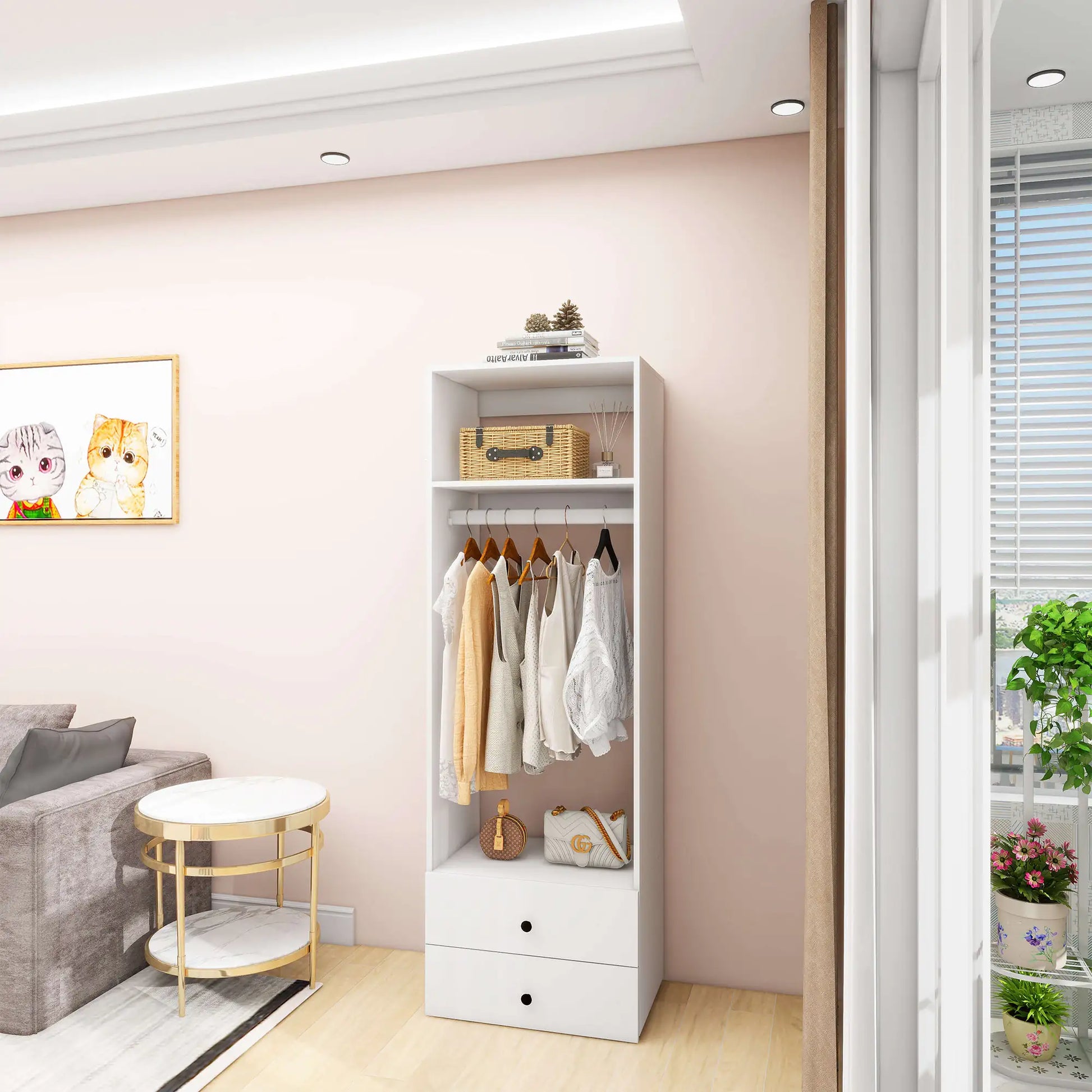 Oblivis Modern Closet white wall-mounted compact closet with shelves, drawers, and hanging space in a stylish living room corner