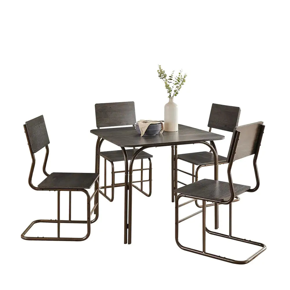 Oblivis Modern Elegant 4 chair wood dining table set with metal frame in antique bronze finish