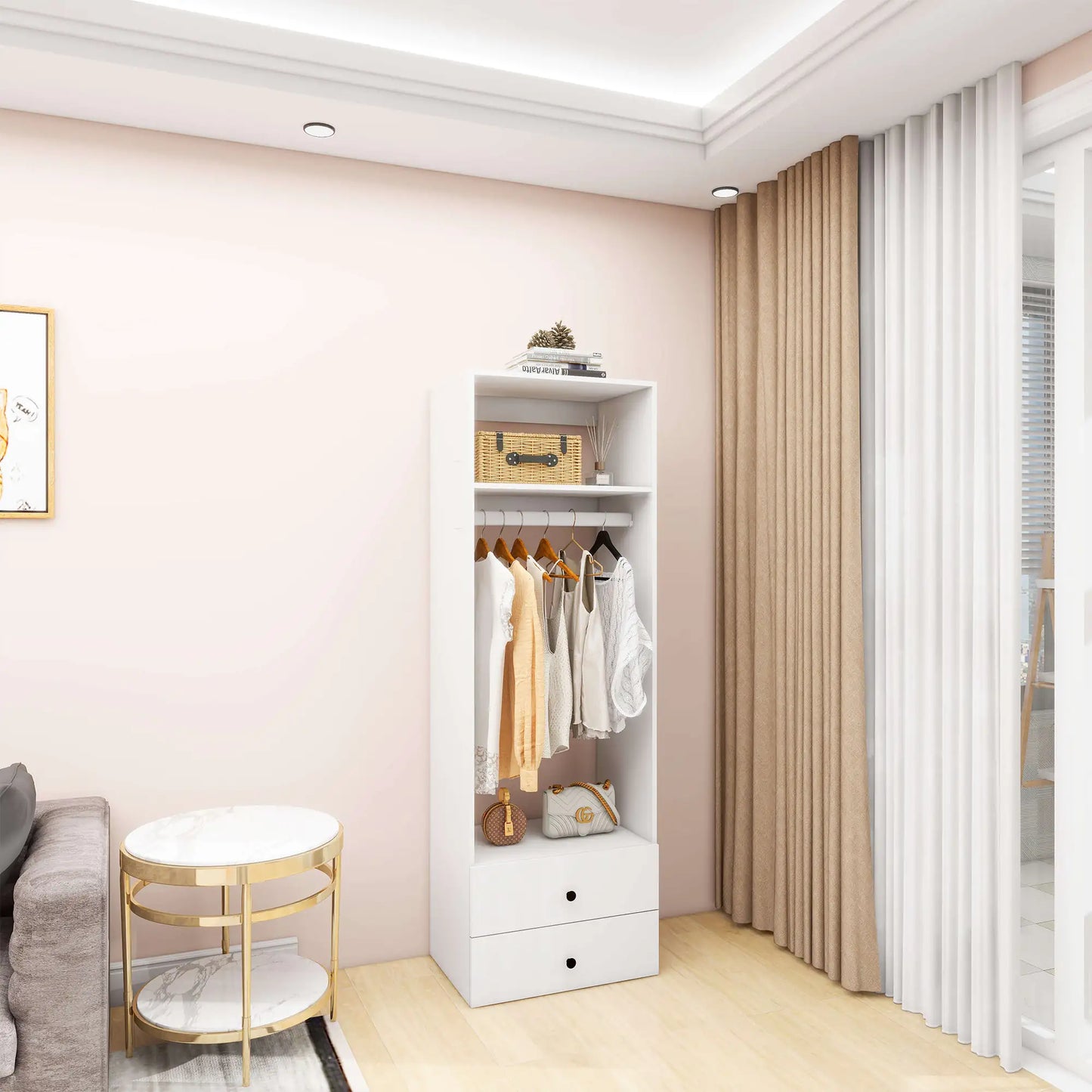 Oblivis Modern Closet compact white wood closet with hanging space, shelves, and drawers in stylish living room corner